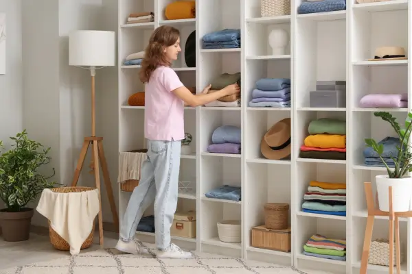 Mulher com uma mão no queixo e a outra segurando um lápis, refletindo sobre como organizar as finanças pessoais